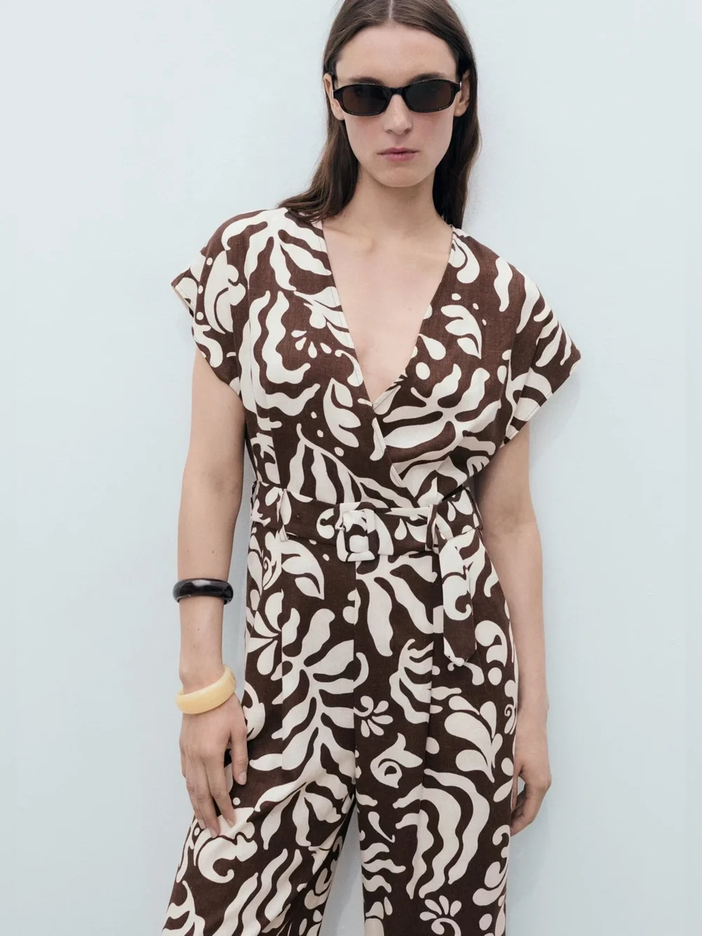 Mango Brown printed linen jumpsuit with belt NWT